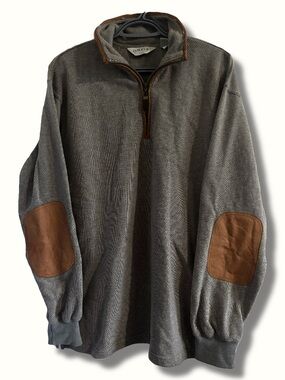 Orvis Quarter Zip Faux Leather Elbow Patch Trim Grey Pullover Sweater Medium